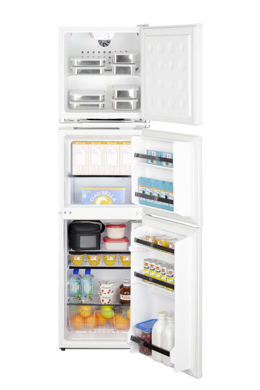 Stacked combination of the FFAR23L automatic defrost all-refrigerator with lock and the ENERGY STAR certified FF71ES refrigerator-freezer to create an allergy-sensitive zone and general purpose food and beverage storage